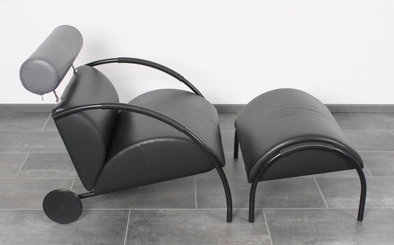 Image 1 of Black Leather Zyklus Lounge Chair + Hocker By Peter Maly For Cor