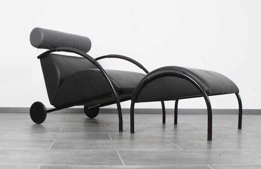 Black Leather Zyklus Lounge Chair + Hocker By Peter Maly For Cor