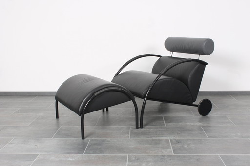 Black Leather Zyklus Lounge Chair + Hocker By Peter Maly For Cor