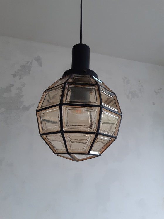 Image 1 of Lampada a sospensione brutalista in vetro color ambra di Glashütte Limburg