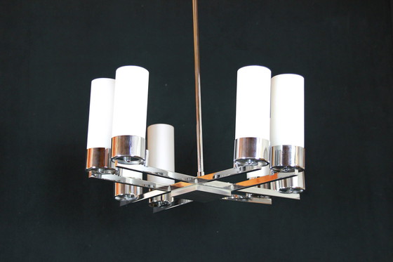 Image 1 of Modernist Chandelier, Chromed Metal Opalines, France Milieu De Siècle - 8 Lights