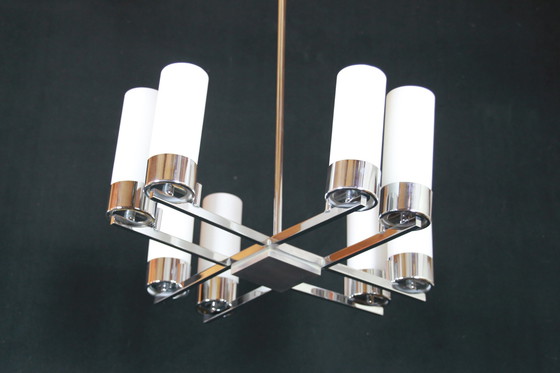 Image 1 of Modernist Chandelier, Chromed Metal Opalines, France Milieu De Siècle - 8 Lights