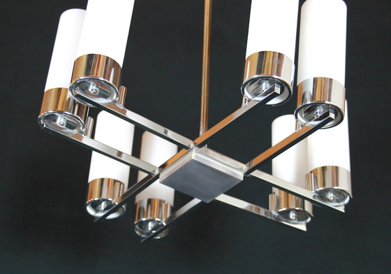 Image 1 of Modernist Chandelier, Chromed Metal Opalines, France Milieu De Siècle - 8 Lights