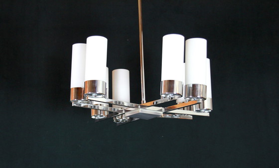 Image 1 of Modernist Chandelier, Chromed Metal Opalines, France Milieu De Siècle - 8 Lights