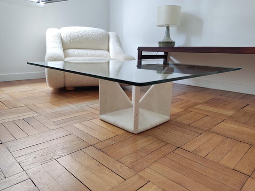 Sculptural travertine & glass coffee table