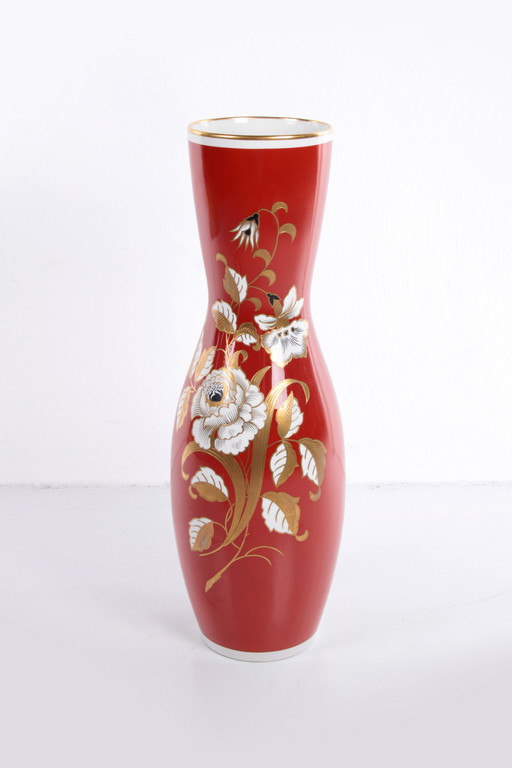 Wallendorf Large Red Porcelain Vase with Gold Flowers