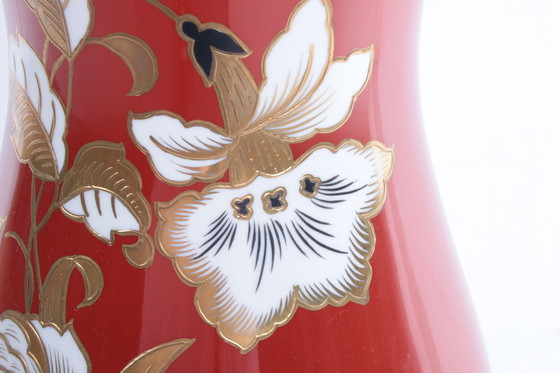 Image 1 of Wallendorf Large Red Porcelain Vase with Gold Flowers