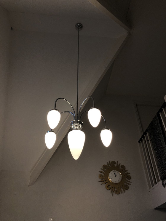 Image 1 of Chandelier Art Deco, Nickel And Milk Glass