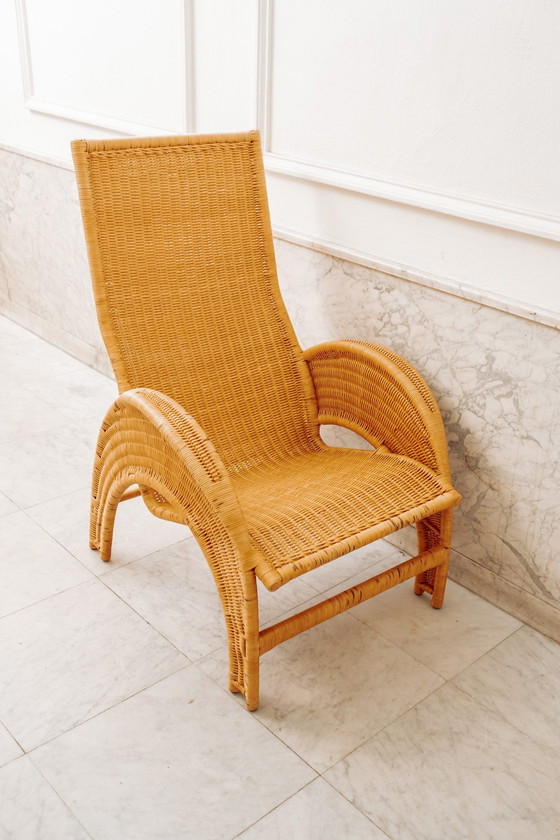 Image 1 of Large Rattan Armchair With Crescent Legs