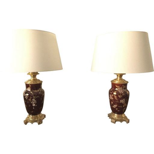 Pair of vintage "Napoleon III" bronze and earthenware lamps, 1800
