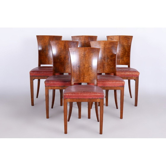 Image 1 of Set di 6 sedie vintage Art Déco in noce e pelle rossa, Francia 1920
