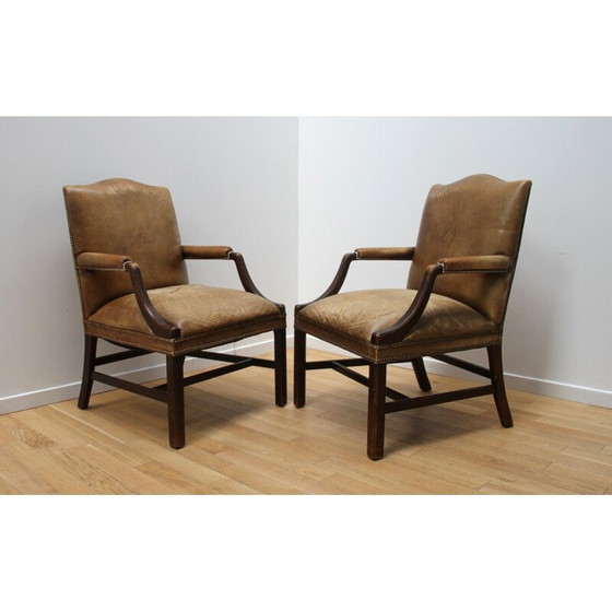 Image 1 of Poltrone vintage in legno scuro e pelle marrone