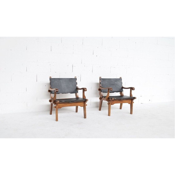 Image 1 of Pair of vintage teak and leather armchairs by Angel Pazmino, USA 1960