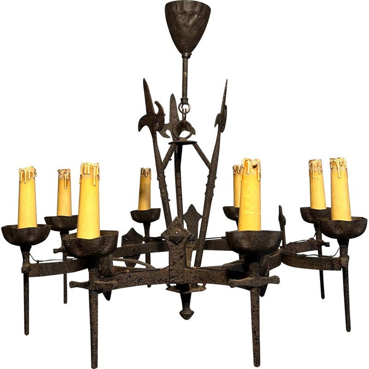 Antique wrought iron candle chandelier sales