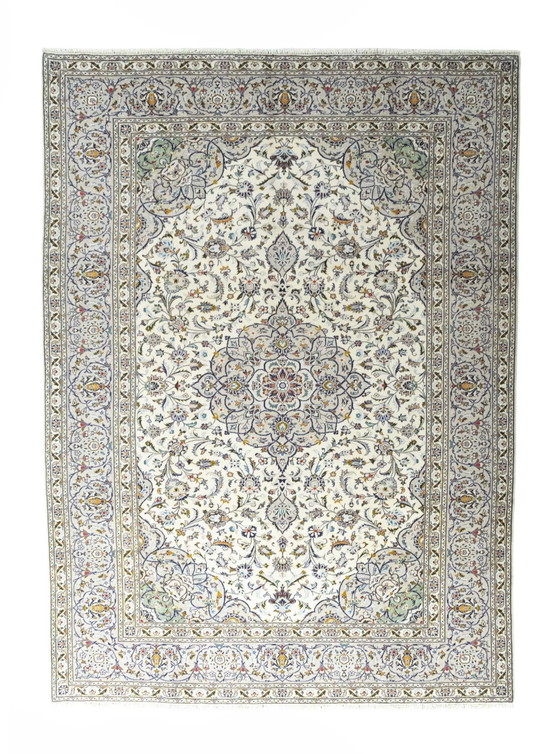 Image 1 of Hand-knotted Keshan Cork Oriental Rug - 360 X 261 Cm - Classic Floral Pattern In Blue And Cream