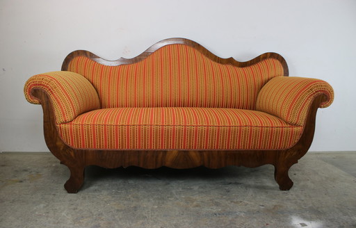 Biedermeier couch three-seater walnut striped fabric sofa new cover