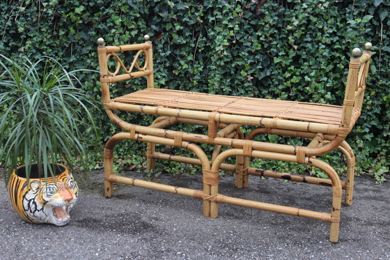 Image 1 of Rattan and Brass Bench Italian Design