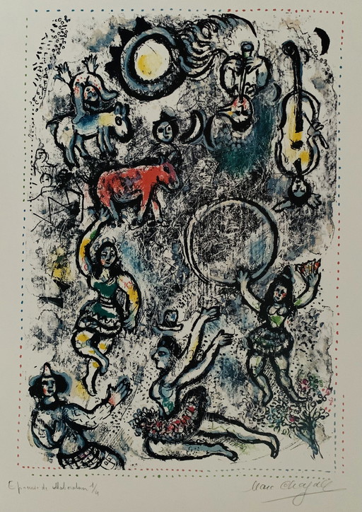 Marc Chagall "Les Saltimbanques" Color lithograph 1969. La Collection Sorlier 591. Signed and Numbered in the Plate. Excellent