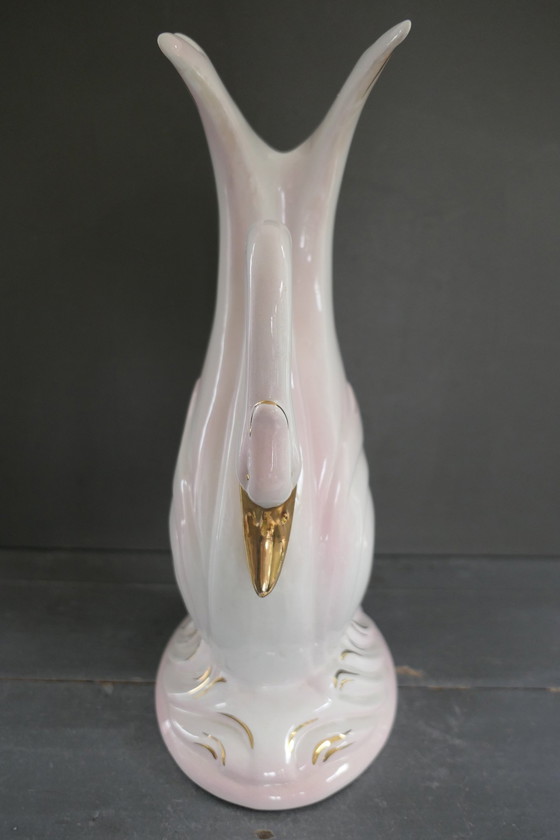 Image 1 of Vintage Large Bassano Italy Swan Vase White Gold Pink