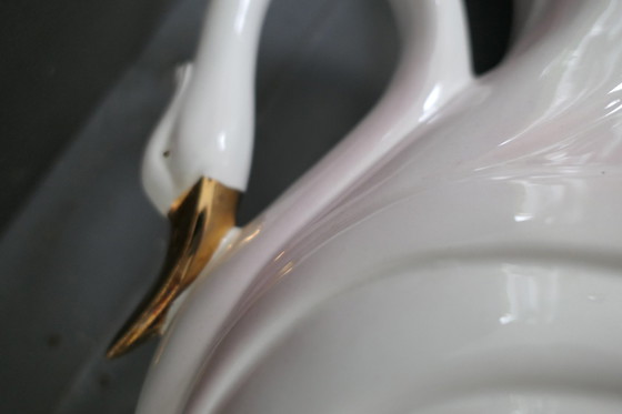 Image 1 of Vintage Large Bassano Italy Swan Vase White Gold Pink