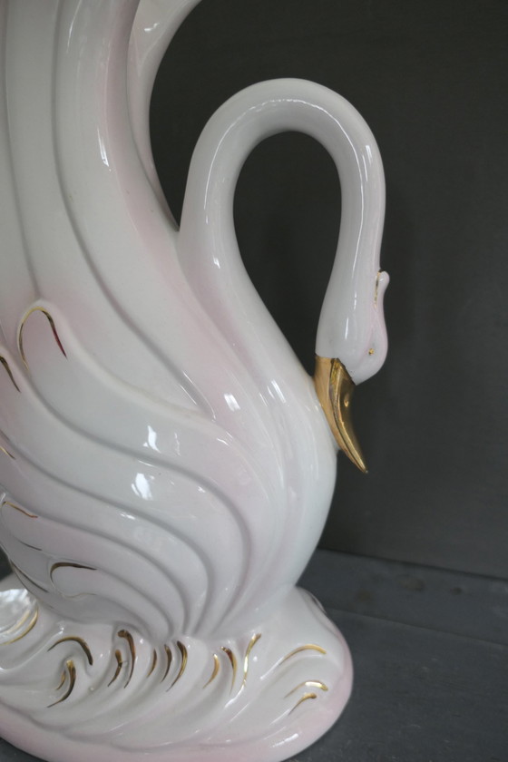 Image 1 of Vintage Large Bassano Italy Swan Vase White Gold Pink