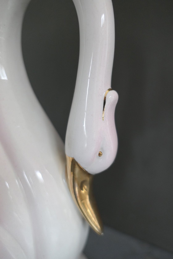 Image 1 of Vintage Large Bassano Italy Swan Vase White Gold Pink