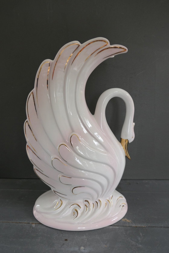 Image 1 of Vintage Large Bassano Italy Swan Vase White Gold Pink