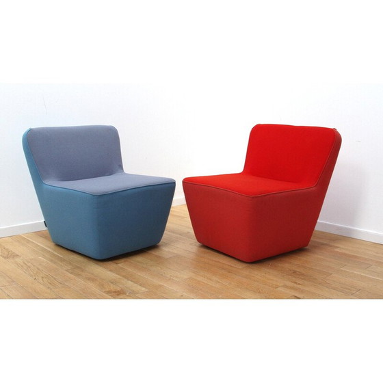 Image 1 of Pair of vintage Tea chairs in red and blue fabric for Sancal, Spain