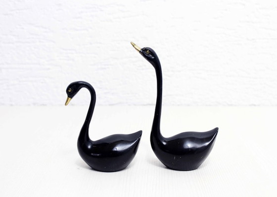 Image 1 of Set of 2 brass black swans from the 60s