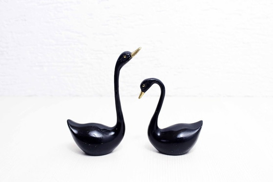 Image 1 of Set of 2 brass black swans from the 60s