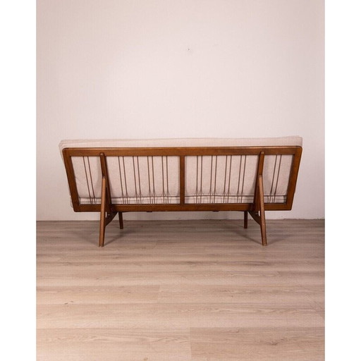 Divano vintage in teak e tessuto grigio, Danimarca 1960