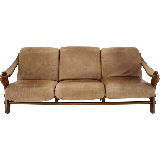 Vintage oak and leather sofa, Holland 1970