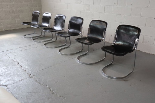 Six chaises de salle à manger en cuir noir et chrome par Willy Rizzo pour Cidue, Italie