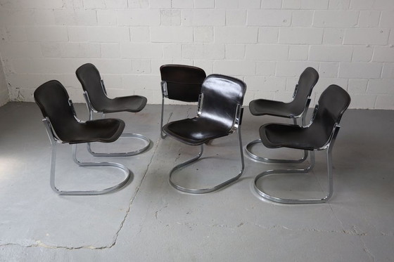 Image 1 of Six dining chairs in black leather and chrome by Willy Rizzo for Cidue, Italy