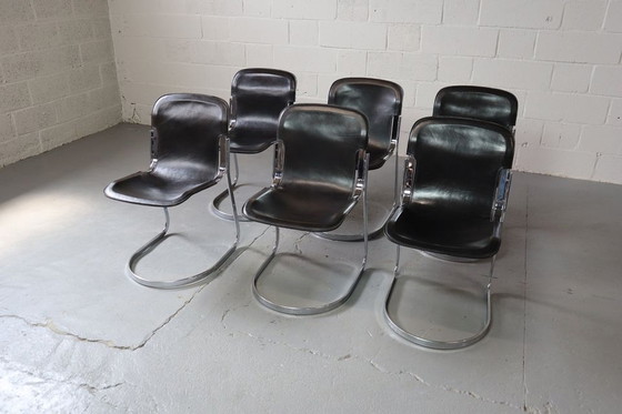 Image 1 of Six chaises de salle à manger en cuir noir et chrome par Willy Rizzo pour Cidue, Italie