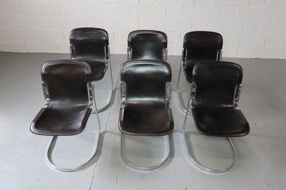 Image 1 of Six chaises de salle à manger en cuir noir et chrome par Willy Rizzo pour Cidue, Italie