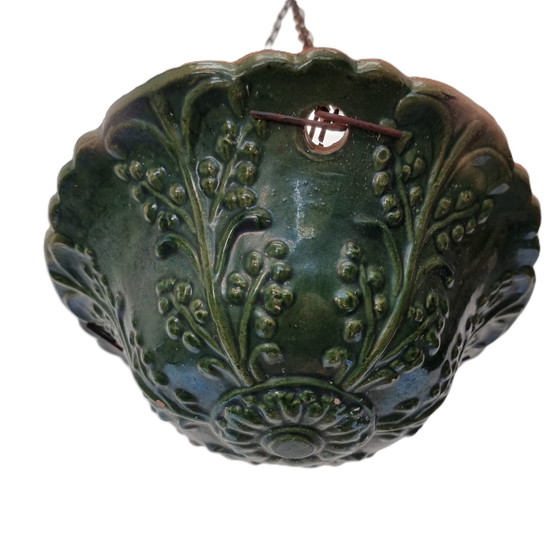 Image 1 of French Green Ceramic Hanging Flower Pot, Early 20th Century