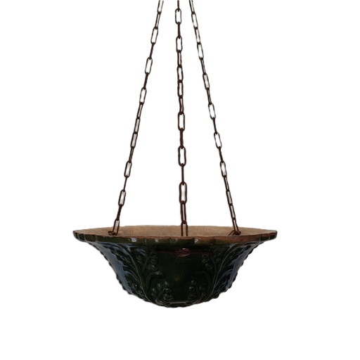 French Green Ceramic Hanging Flower Pot, Early 20th Century