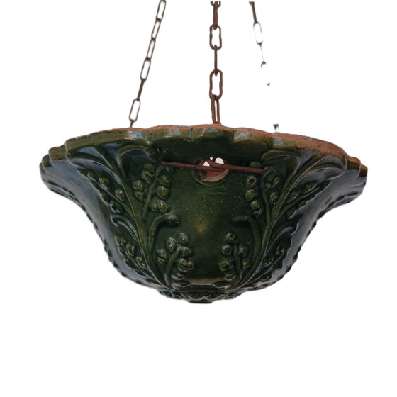 Image 1 of French Green Ceramic Hanging Flower Pot, Early 20th Century