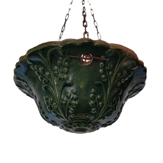 Image 1 of French Green Ceramic Hanging Flower Pot, Early 20th Century