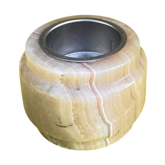 Image 1 of Vintage alabaster candlestick with metal fittings, Italy 1970