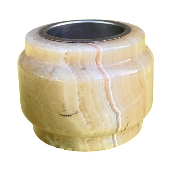 Image 1 of Vintage alabaster candlestick with metal fittings, Italy 1970