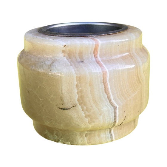 Image 1 of Vintage alabaster candlestick with metal fittings, Italy 1970