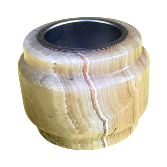 Image 1 of Vintage alabaster candlestick with metal fittings, Italy 1970