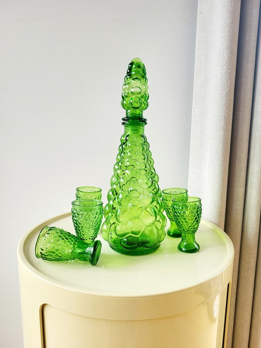 Carafe en verre Empoli, Italie, années 1960, motif de bulles, vert, 5 verres