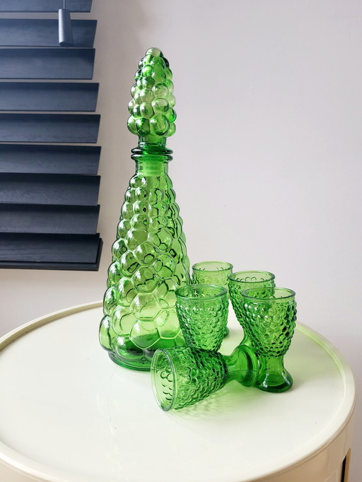 Empoli glass decanter, Italy, 1960s, bubble motif, green, 5 glasses