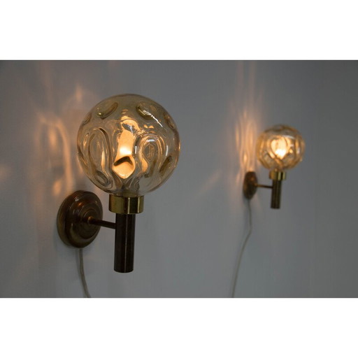 Pair of vintage sconces in brass and smoked glass, Denmark 1970