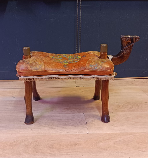 Egyptian Camel Footstool Leather And Wood Vintage