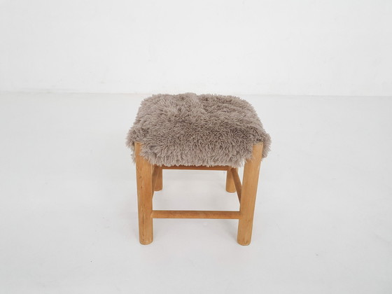 Image 1 of Mid-Century Wooden Stool With Fake-Fur Upholstery, Denmark 1960'S