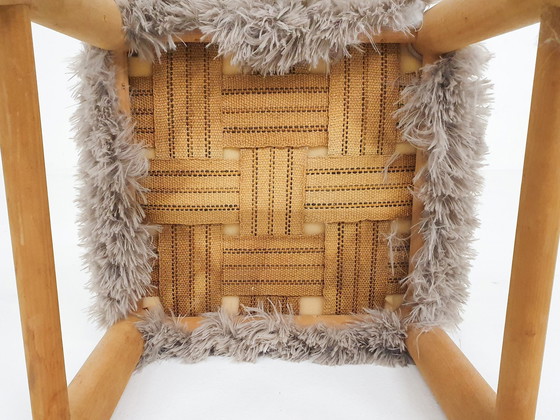 Image 1 of Mid-Century Wooden Stool With Fake-Fur Upholstery, Denmark 1960'S